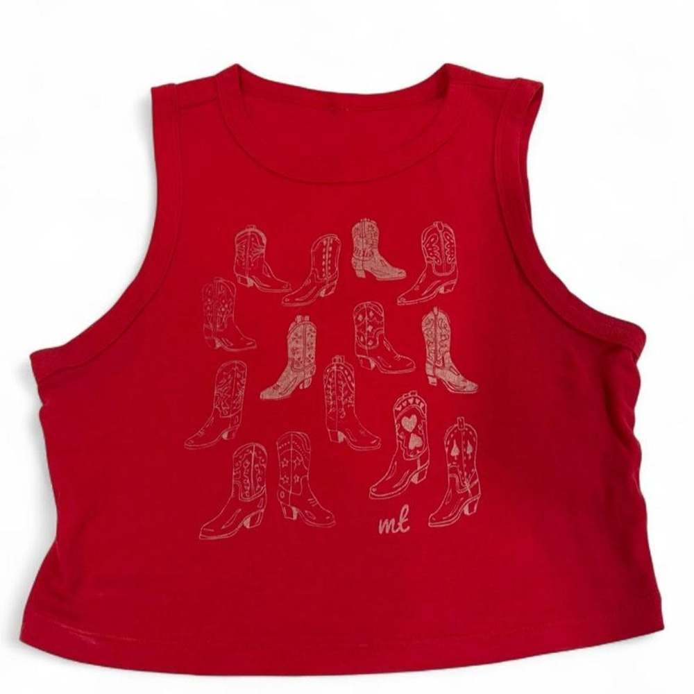 Womens Midnight Rider Red Cowboy Boot Graphic Crop Tank Top Muscle Tee Medium